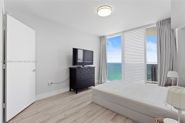 bedroom featuring light wood finished floors, baseboards, and floor to ceiling windows