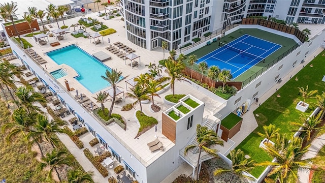 aerial view of a pool area