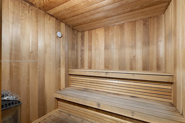 sauna featuring wood walls and wooden ceiling