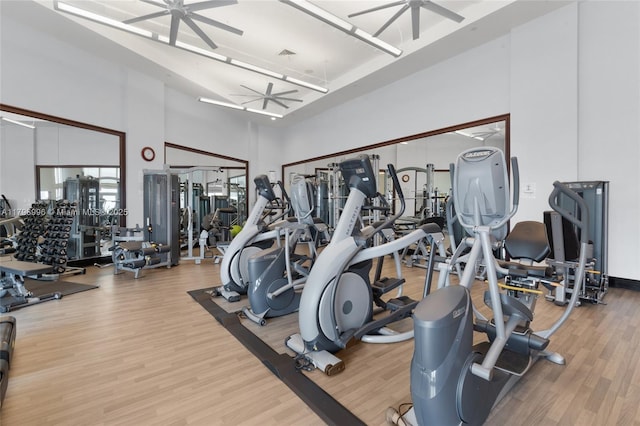 exercise room featuring ceiling fan, a high ceiling, and wood finished floors
