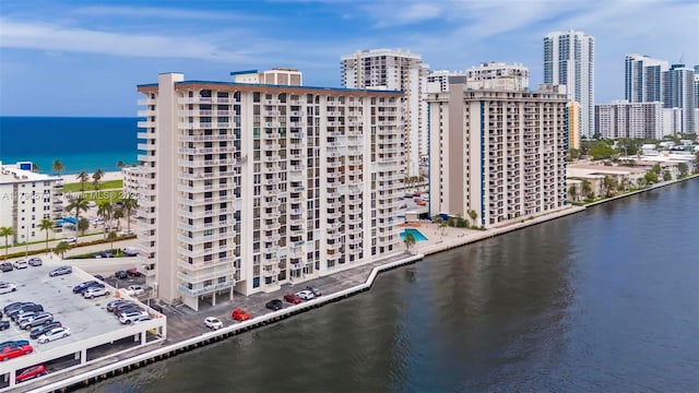 drone / aerial view of a large body of water and a skyline view