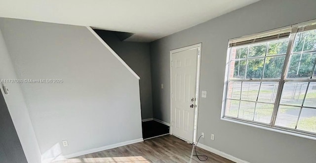 foyer featuring baseboards and wood finished floors