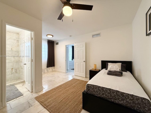 1526 Pennsylvania Ave Unit 20, Miami Beach, FL 33139 - bedroom featuring marble finish floor, visible vents, a ceiling fan, connected bathroom, and baseboards