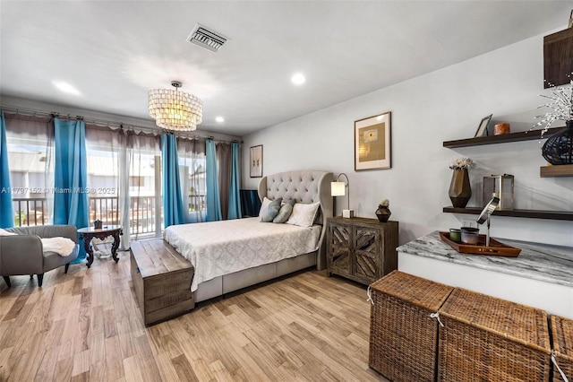 bedroom with visible vents, recessed lighting, a chandelier, access to outside, and light wood-style floors