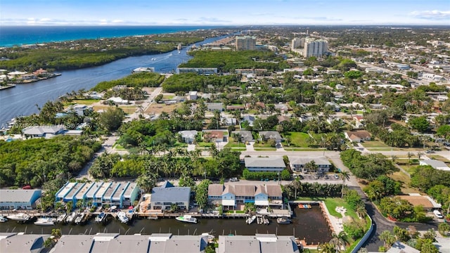 drone / aerial view with a water view