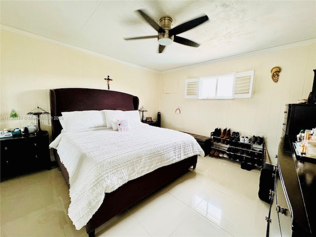 1245 SW 85th Ave, Miami, FL 33144 - bedroom with crown molding, a ceiling fan, and light tile patterned floors