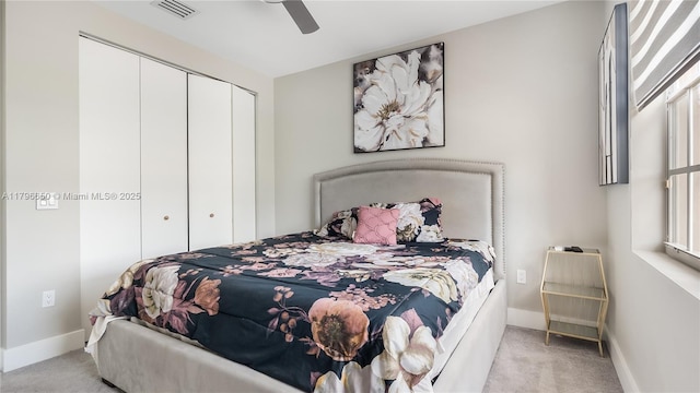 17739 SW 54th St, Miramar, FL 33029 - carpeted bedroom with a closet, visible vents, baseboards, and ceiling fan