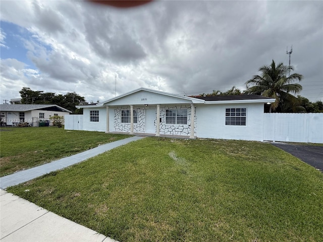 20570 NW 1st Ct, Miami Gardens, FL 33169 - ranch-style house featuring a porch, stucco siding, fence, and a front yard