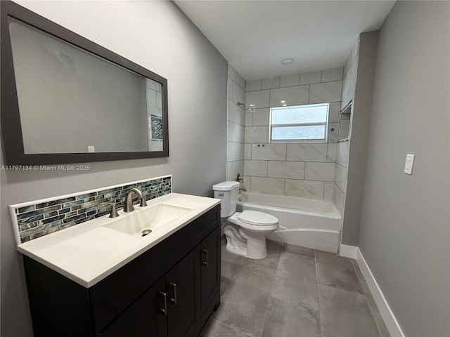 20570 NW 1st Ct, Miami Gardens, FL 33169 - full bathroom featuring toilet, vanity, decorative backsplash,  shower combination, and baseboards