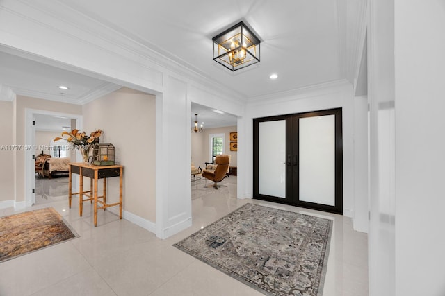 15920 SW 81st Ave, Palmetto Bay, FL 33157 - foyer entrance with a chandelier, french doors, crown molding, recessed lighting, and baseboards