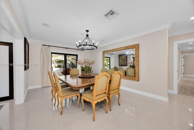 15920 SW 81st Ave, Palmetto Bay, FL 33157 - dining area with ornamental molding, a chandelier, baseboards, and light tile patterned flooring