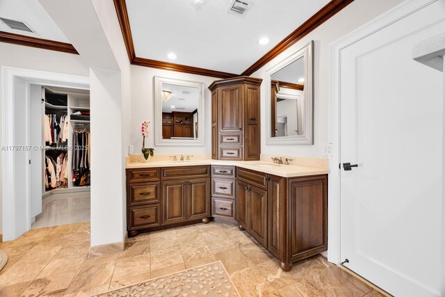 15920 SW 81st Ave, Palmetto Bay, FL 33157 - full bathroom with ornamental molding, vanity, recessed lighting, and a spacious closet