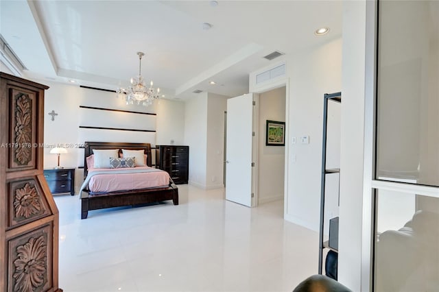 bedroom with light tile patterned floors, a tray ceiling, visible vents, a chandelier, and recessed lighting
