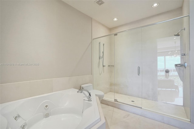 bathroom featuring visible vents, a whirlpool tub, a shower stall, and recessed lighting