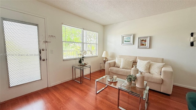living room featuring baseboards, a textured ceiling, and wood finished floors
