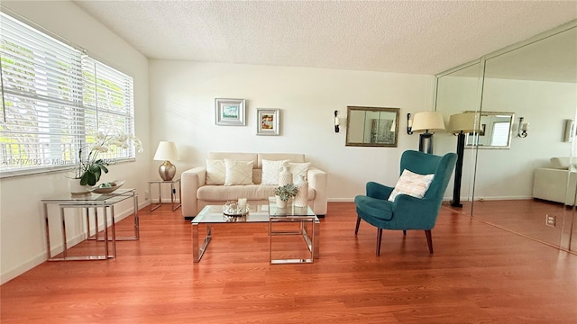 living area featuring a textured ceiling, wood finished floors, and baseboards