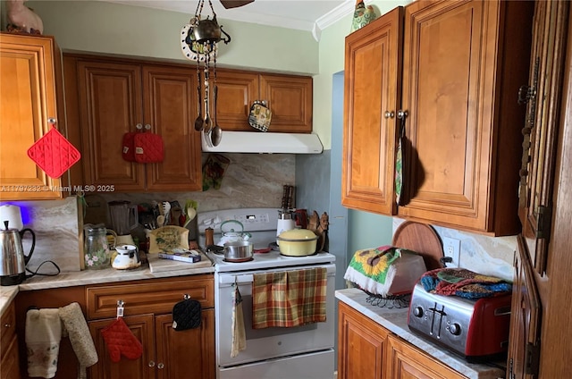 705 Lori Dr Unit 204, Palm Springs, FL 33461 - kitchen featuring white range with electric stovetop, brown cabinets, under cabinet range hood, decorative backsplash, and light countertops