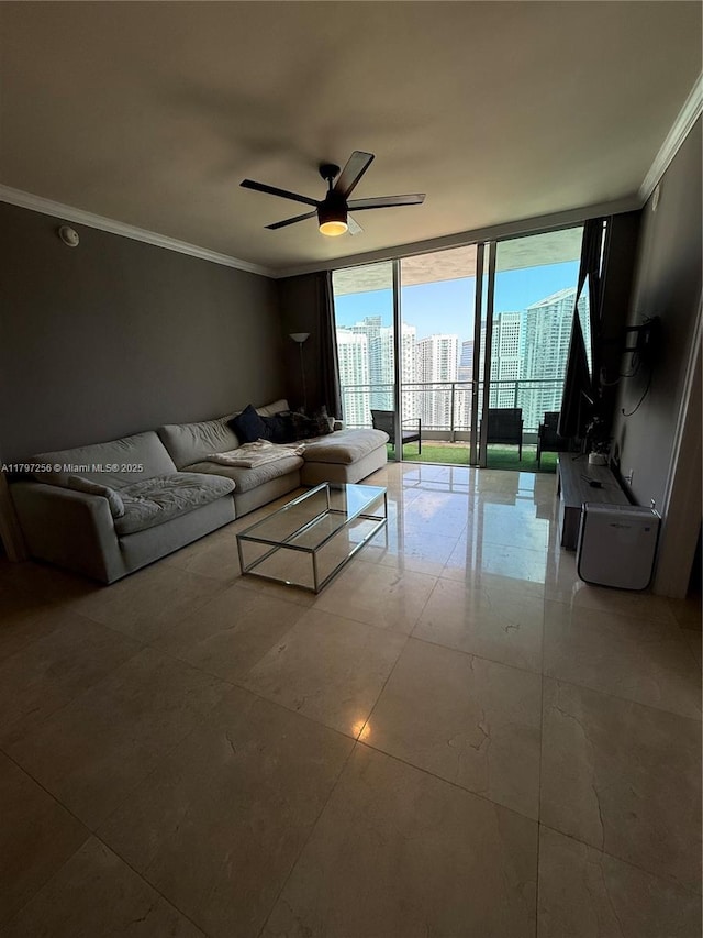 tiled living area with crown molding, a wall of windows, a ceiling fan, and a view of city