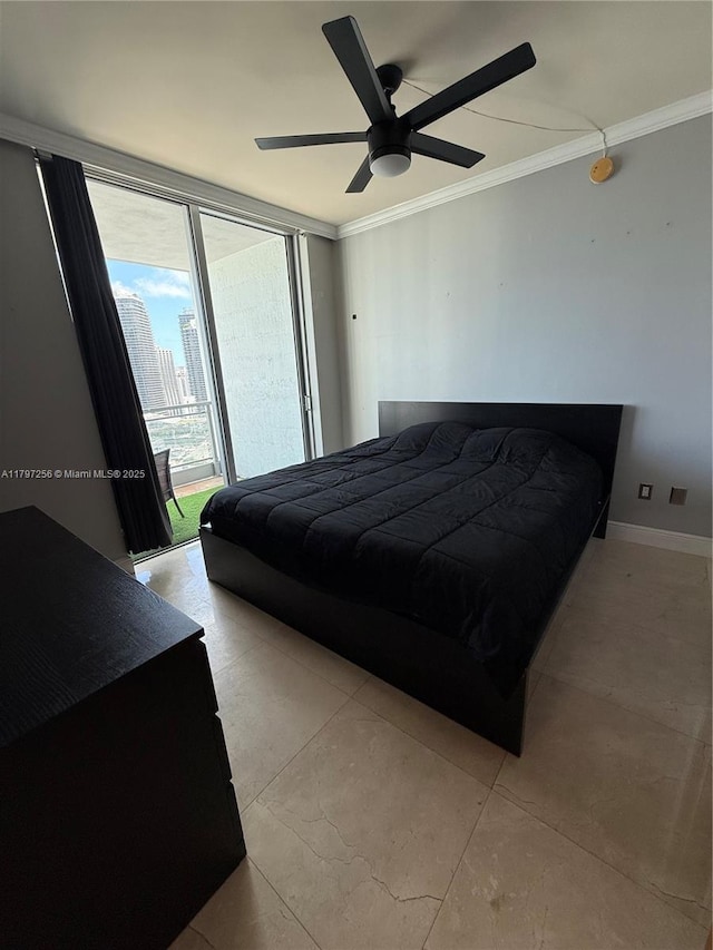 bedroom with access to exterior, ornamental molding, a ceiling fan, light tile patterned flooring, and baseboards