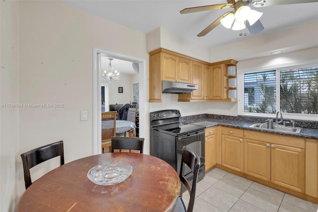 kitchen featuring under cabinet range hood, light tile patterned flooring, a sink, black electric range, and dark countertops