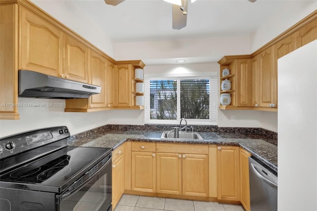 kitchen with a sink, open shelves, stainless steel dishwasher, black electric range oven, and under cabinet range hood