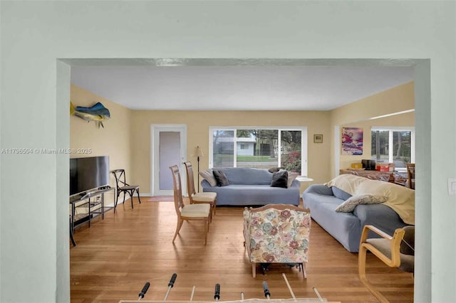 living area featuring wood finished floors and baseboards