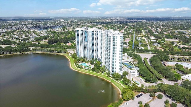 drone / aerial view with a water view