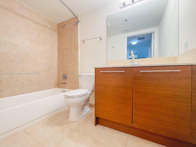 bathroom with toilet, shower / washtub combination, visible vents, tile patterned flooring, and vanity