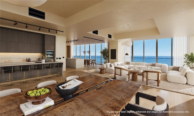 living room featuring rail lighting, light wood-type flooring, floor to ceiling windows, a raised ceiling, and a water view