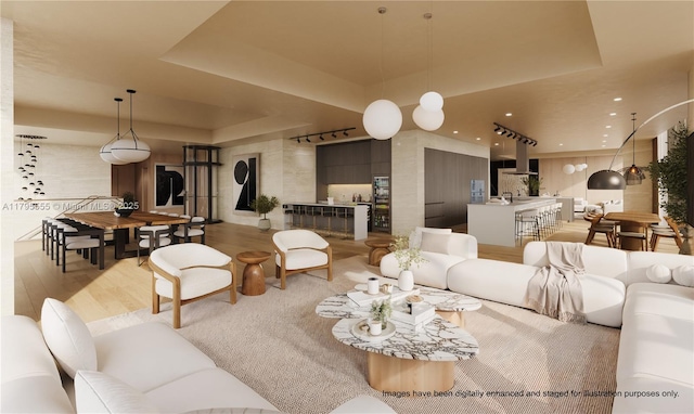 living room featuring a raised ceiling, recessed lighting, and wood finished floors