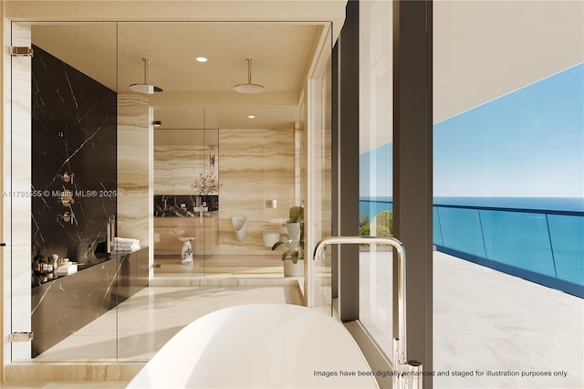 full bathroom with a soaking tub, a shower stall, and recessed lighting