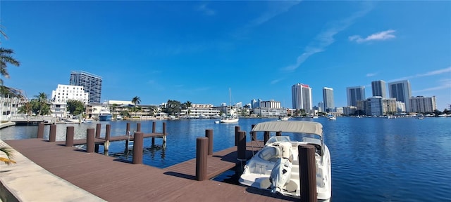 dock area featuring a water view and a view of city