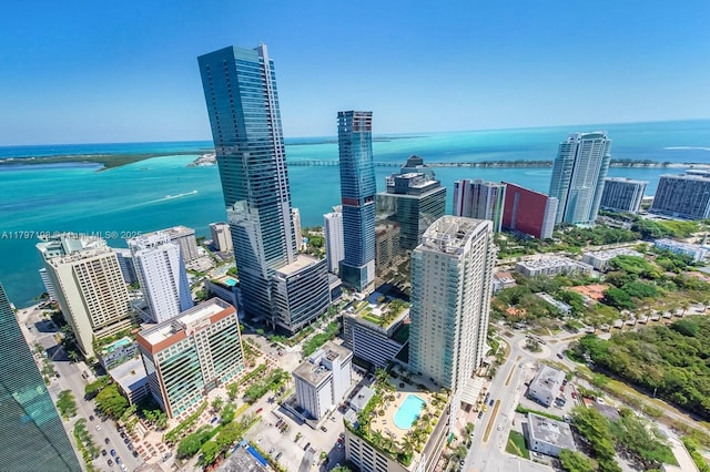 bird's eye view with a water view and a view of city