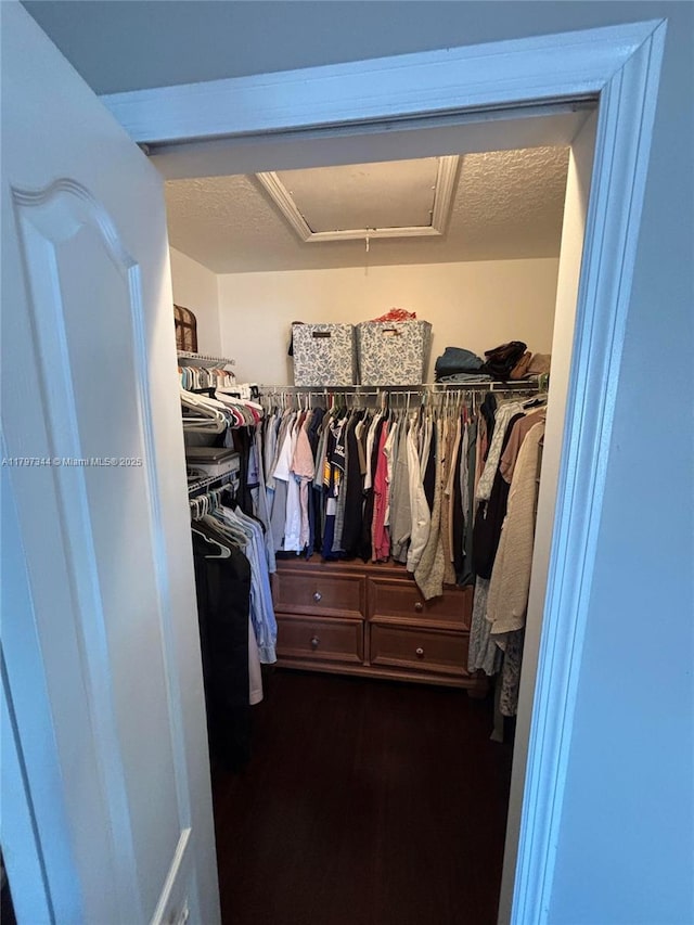 spacious closet featuring attic access and wood finished floors