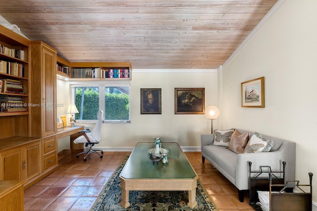 10301 E Broadview Dr, Bay Harbor Islands, FL 33154 - living area featuring wooden ceiling, ornamental molding, tile patterned floors, and baseboards