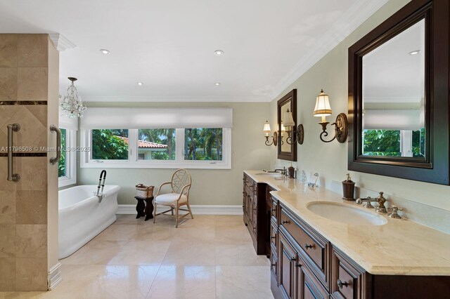 10301 E Broadview Dr, Bay Harbor Islands, FL 33154 - full bathroom featuring double vanity, a freestanding bath, a tile shower, ornamental molding, and baseboards