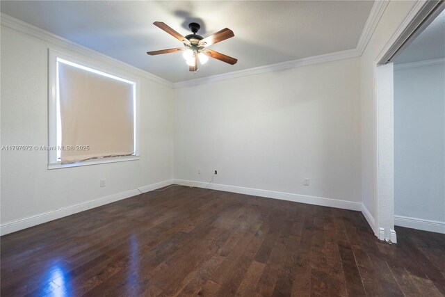 empty room with baseboards, hardwood / wood-style floors, ornamental molding, and ceiling fan