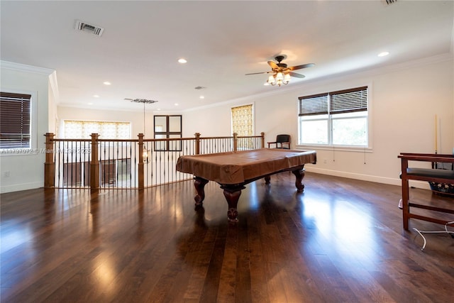 rec room featuring ceiling fan, dark wood-style flooring, baseboards, and visible vents