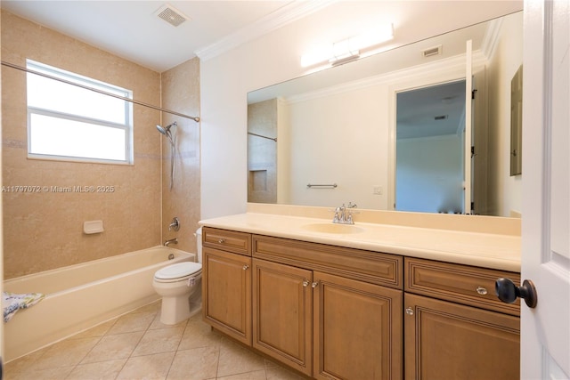 full bath featuring toilet, tub / shower combination, visible vents, tile patterned flooring, and ornamental molding