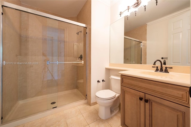full bathroom with toilet, a stall shower, tile patterned flooring, vanity, and ornamental molding