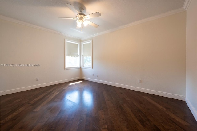 unfurnished room featuring baseboards, dark wood-style flooring, crown molding, and a ceiling fan