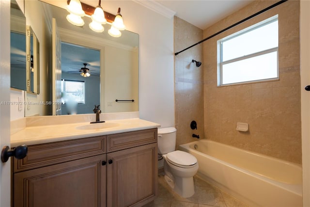 full bathroom featuring toilet, ceiling fan, shower / tub combination, tile patterned flooring, and vanity