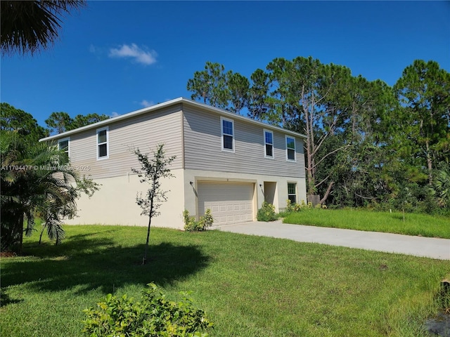 741 White Cloud St SW, Palm Bay, FL 32908 - view of front of property with stucco siding, a garage, a front lawn, and driveway