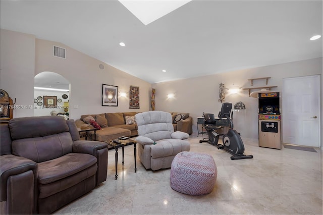1243 Funston St, Hollywood, FL 33019 - living area with arched walkways, recessed lighting, visible vents, and vaulted ceiling