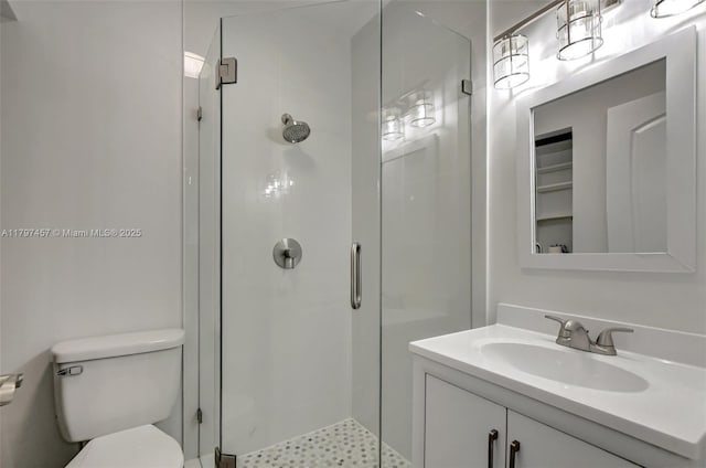 full bathroom with vanity, toilet, and a stall shower