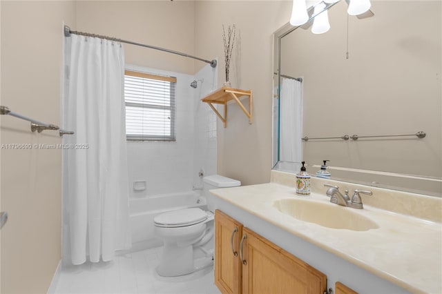 bathroom featuring toilet, vanity, and shower / bathtub combination with curtain