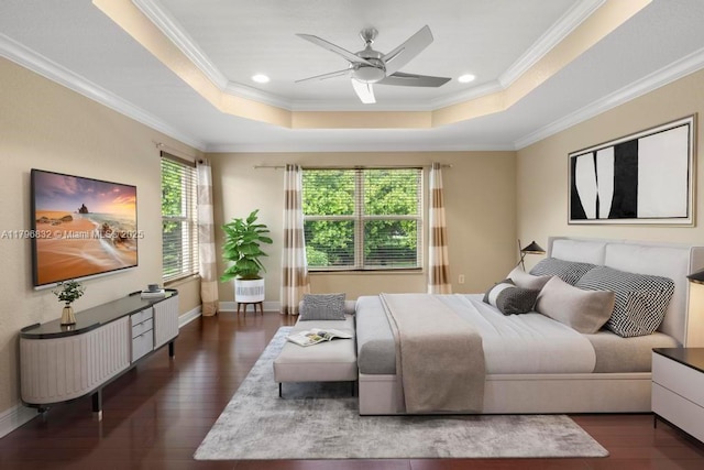 4528 SW 183rd Ave, Miramar, FL 33029 - bedroom with wood finished floors, ornamental molding, recessed lighting, ceiling fan, and a tray ceiling