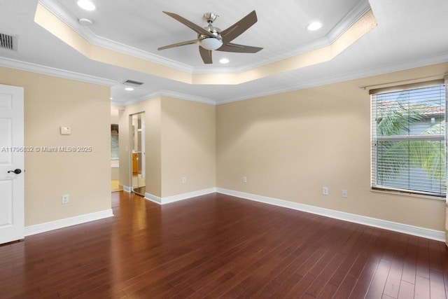 4528 SW 183rd Ave, Miramar, FL 33029 - empty room featuring hardwood / wood-style floors, visible vents, a ceiling fan, a tray ceiling, and baseboards