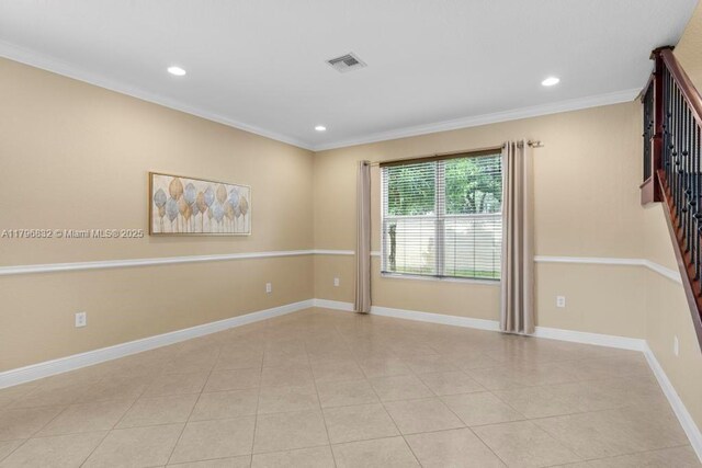 4528 SW 183rd Ave, Miramar, FL 33029 - spare room featuring light tile patterned floors, crown molding, visible vents, baseboards, and recessed lighting