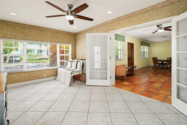 310 Woodcrest Rd, Key Biscayne, FL 33149 - interior space featuring french doors, baseboards, ceiling fan, light tile patterned flooring, and recessed lighting
